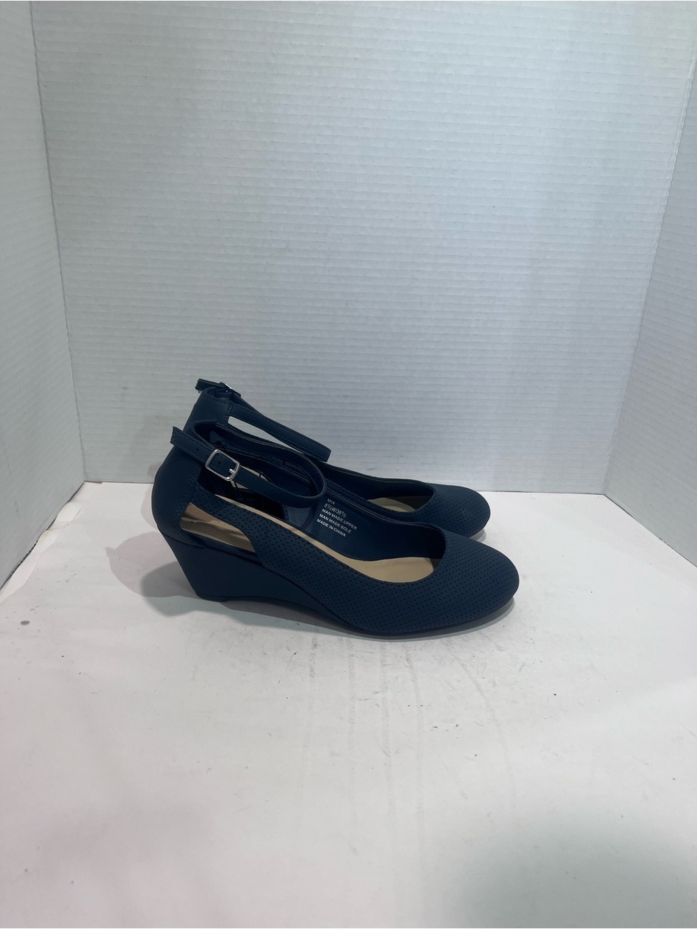 me too Navy Perforated Wedge Ankle-Strap Pumps